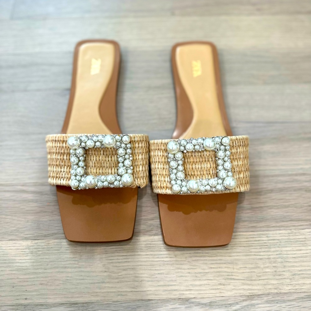 ZARA jute embellished slide sandals, new never worn! Women’s size 37